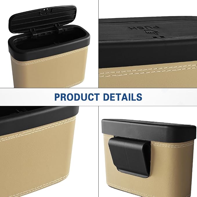 2PCS Car Trash Can with Lid, Press-Top Car Trash Bin with 30PCS Cars Trashs Bags, Small Automotive Dustbin Garbage Container Universal Fit Most Cars Office Home (2pcs-Beige)