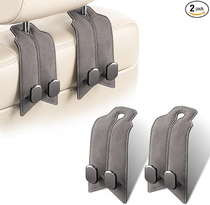 2Pcs Car Headrest Hooks with Premium Leather, Upgraded Double Metal Hooks with Anti-Drop Design, Universal Back Seat Hanger for Bags, Coats, Purses and Groceries (Classic Gray)