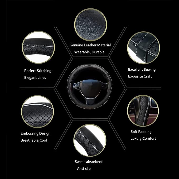 ESEWALAS Universal Car Steering Wheel Cover,Anti-Slip Leather Steering Wheel Cover,Sports Style Steering Wheel Protector,Car Interior Accessories Auto Steering Wheel Covers (Black with Gray)