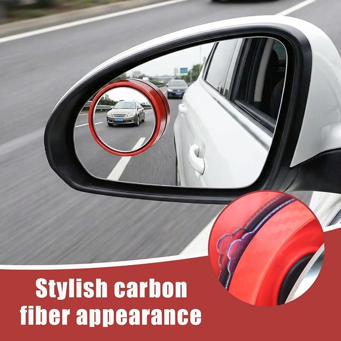 2PCS Car Blind Spot Mirror with Suction Cup, 360°Adjustable HD Glass Automotive Rear View Mirror, Universal Carbon Fiber Wide-Angle Side Mirrors for Cars, SUVs, Trucks(Red)