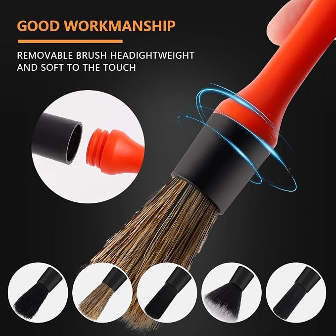 Car Detailing Brush Set, 5 Pack Soft Mixed Hair Auto Detail Brush Kit No Scratch for Automotive Elegant Surface Interior Exterior Dashboard Emblems Panels Engine Bay Wheels Air Vent Seat Leather
