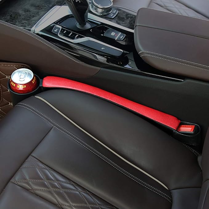 2 Prices Car Seat Gap Filler Pad PU Leather Console Side Pocket Organizer and one Cup for Cellphone Wallet Coin Key (Black+Red)