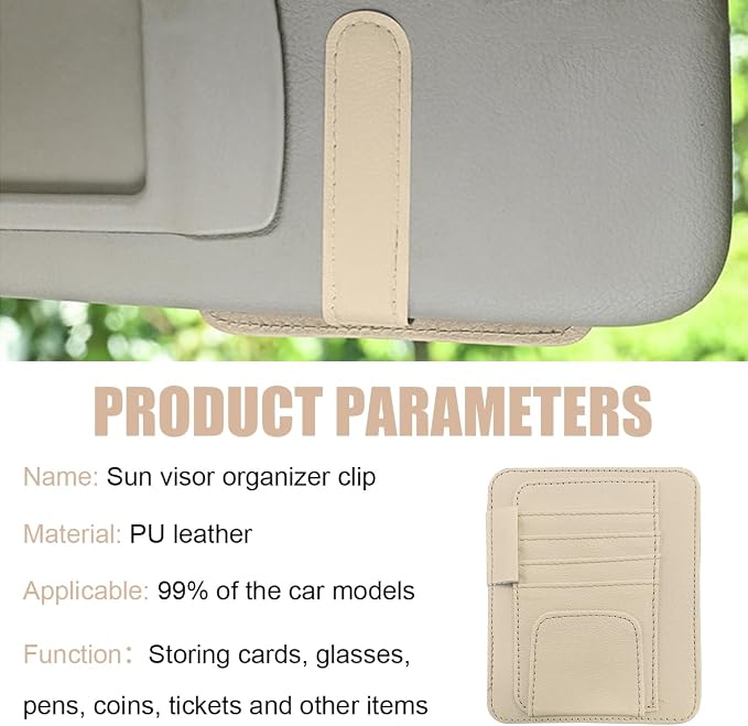 2 PCS Car Sun Visor Organizer, Small Auto Visor Organizer and Storage, Registration and Document Holder for Sunglasses, Card, Pen, Driver License, Car Accessories (Beige)