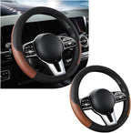 Car Steering Wheel Cover, 15 Inch Leather Breathable Auto Steering Wheel Protector, Comfortable Non-Slip Vehicle Steering Wheel Covers, Universal Interior Car Accessories (Black+Coffee, AD)