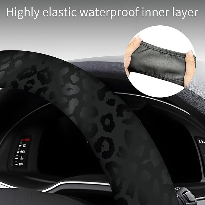 Steering Wheel Covers for Car, Truck, and SUV, Cute Non-Slip Breathable Elastic Steering Wheel, Car Accessories, Universal 15 Inch Leather Cover for Men Women Black Leopard Print