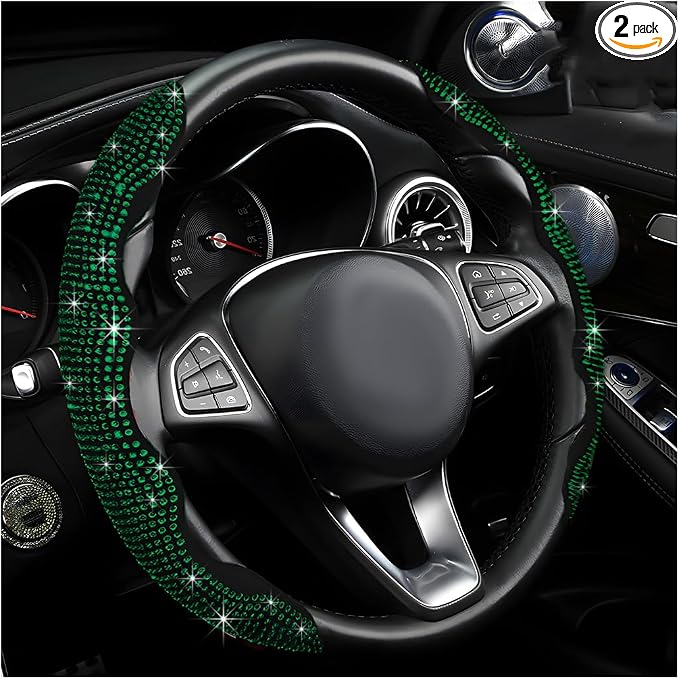2 PCS Steering Wheel Cover, Segmented Car Wheel Covers with Crystal Rhinestones, Non-Slip Protector Bling Sparkly Decoration for Most Steering Wheels, Car Accessories (Green)