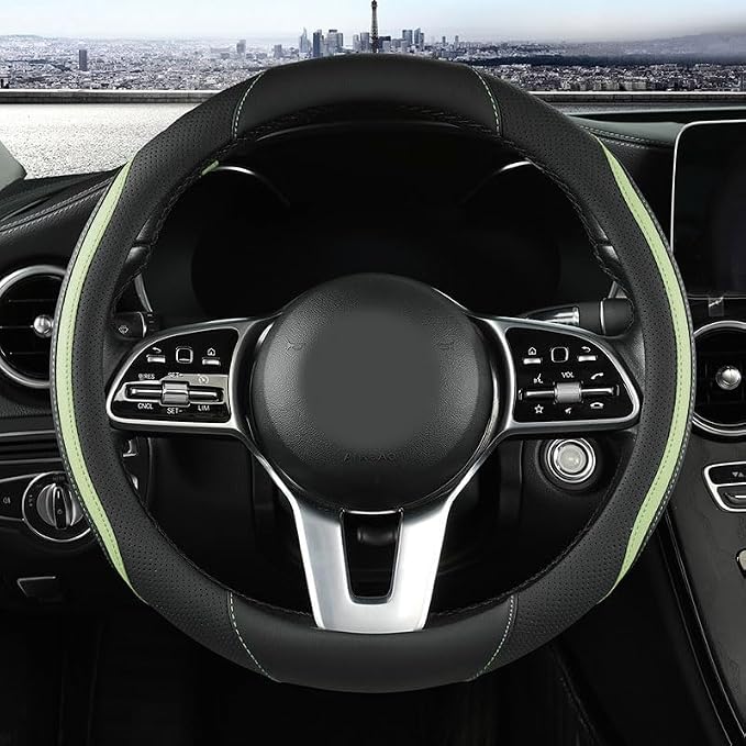 Car Steering Wheel Cover, Leather Steering Wheel Cover Green Universal 14.5-15 Inch Microfiber Leather Anti-Slip Breathable Auto Steering Wheel Covers for Men Women (Black&Green)