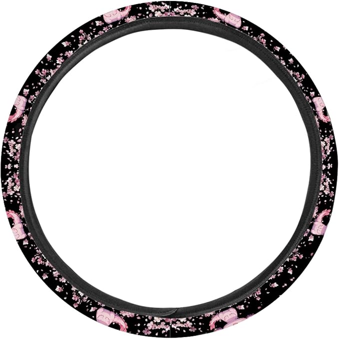 Cartoon Axolotl Cherry Blossom Car Steering Wheel Cover Non-Slip Rubber Steering Wheel Covers Warm Breathable Sweat Absorption 15 Inches Pink