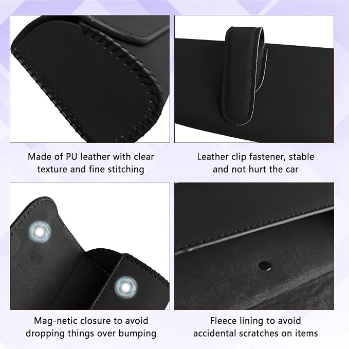 Sunglasses Holder for Car Sun Visor, Sunglass Organizer for Car, Magnetic Leather Eyeglasses Protective Storage Case, Waterproof Glasses Organizer Visor Accessories for Vehicles (Black)