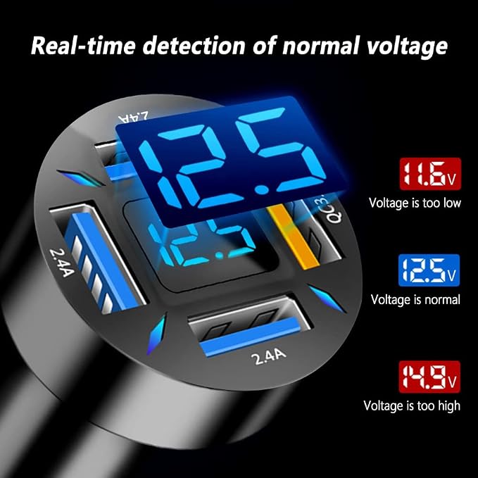 4-in-1 Car Charger 66W Super Fast Charging with USB 2.4A&QC 3.0(Voltmeter&LED Lights) Universal Quick Charge for 12-24V Car Cigarette Lighter Plug(Black-QC/2.4A)