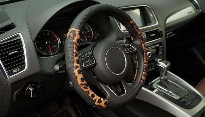 Leopard Steering Wheel Cover, Universal 15 inch Breathable Microfiber Leather Steering Wheel Protector, Anti Slip Car Interior Accessories, Black