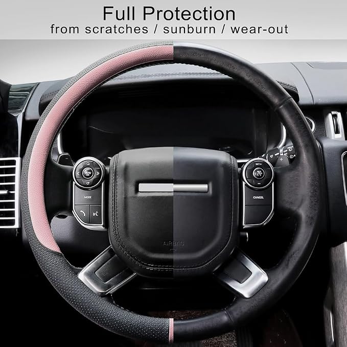 Breathable Car Steering Wheel Cover 16 inch Auto Universal Leather Wrap Non-Slip Steeringwheel Protector Automotive Interior Accessories, Pink (Suit for 15.5-16 inch)