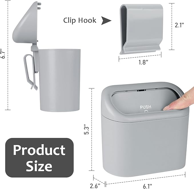 Car Trash Can, Portable Vehicle Trash Bin with Lid, Mini Car Dustbin Garbage Organizer Holder with One Roll Trash Bag, Leakproof Hanging Cars Storage Bag Container for Auto, SUV, Office (Grey)