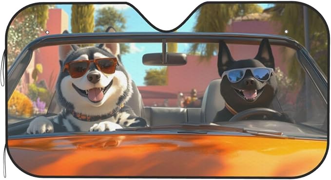 Windshield Sun Shade Funny Dog Driving Car Car Front Window Sunshade Cover for Truck SUV Blocks UV Rays Automotive Visor Interior Protector 51 x 27.5 inch