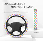 Checkered Steering Wheel Cover for Women,Universal Auto Steering Wheel 14-15 Inch Car Interior Accessories with 2PCS Car Coasters,Suitable for Men and Women