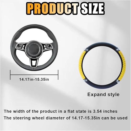 15 Inch Bling Soft Leather Car Steering Wheel Cover, Yellow | Colorful Rhinestones Design, Auto Elastic Protector for Women Girls, Crystal Diamond Car Accessories for Most Cars, SUVs