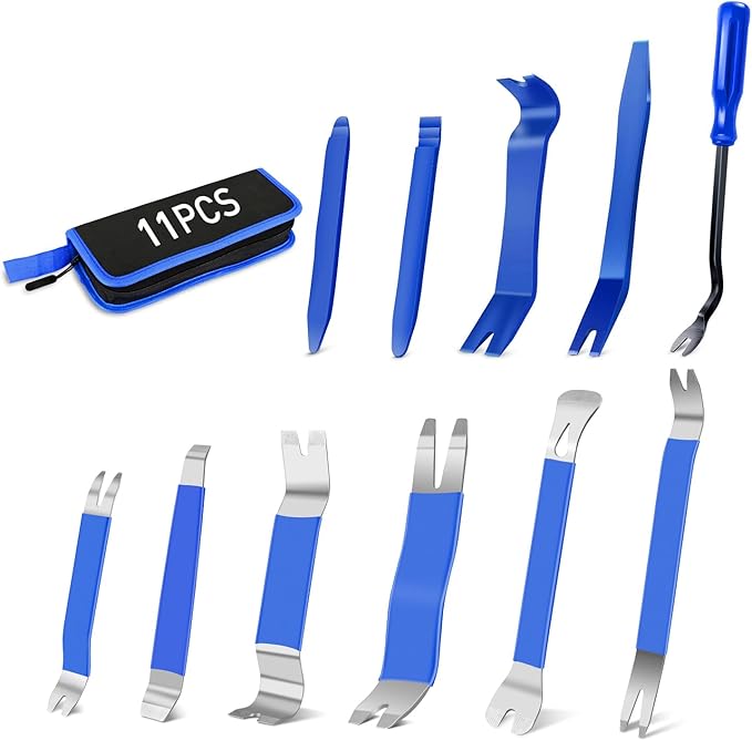 11PCS Trim Removal Tool Kit, Metal & Nylon Pry Tools Set for Car Door Panel, Dashboard, Audio, Clips, Fastener Remover w/Storage Box – Blue