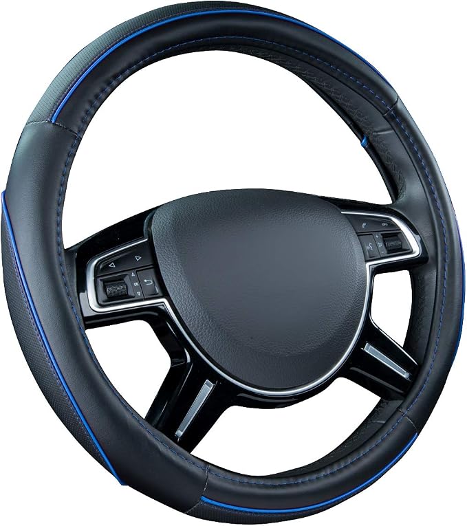 Colour Piping Leather Universal Fit Steering Wheel Cover,Perfectly fit for 14.5-15 inches Suvs, Vans, Trucks, Sedans, Cars (Black&Blue)
