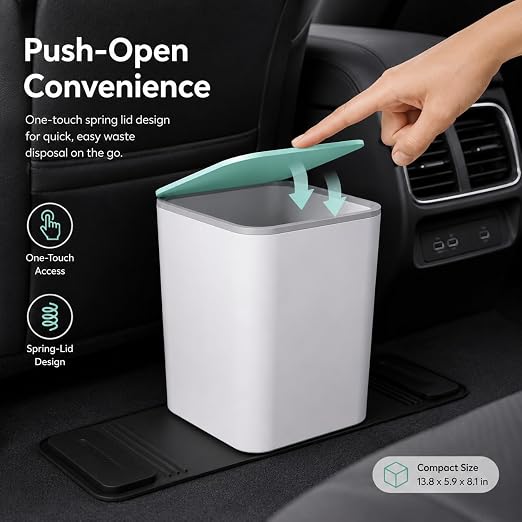Mini Car Trash Can with Press Lid, Leakproof One-Piece Design, ABS Plastic Garbage Bin with Stainless Steel Spring for Auto Interior (White)