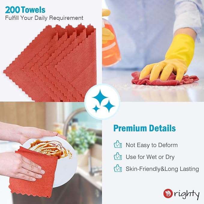Orighty Microfiber Cleaning Cloth, 200 Pack Microfiber Towels for Cars, Multi-Purpose Shop Towels Cleaning Rags Bulk for Car, Home, Kitchen, 11.5’’ x 11.5’’, Red