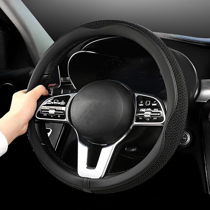 Car Steering Wheel Cover, Universal 15 inch, The Latest Microfiber Leather Breathable Technology Fabric, Non-Slip, Comfortable, Warm in Winter and Cool in Summer, Black