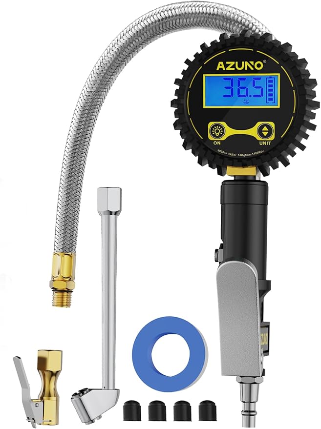 Digital Tire Inflator with Pressure Gauge, 200 PSI Heavy Duty Air Compressor Accessories, with 14'' Steel-Braided Hose Lock on Air Chuck and Quick Connect Coupler