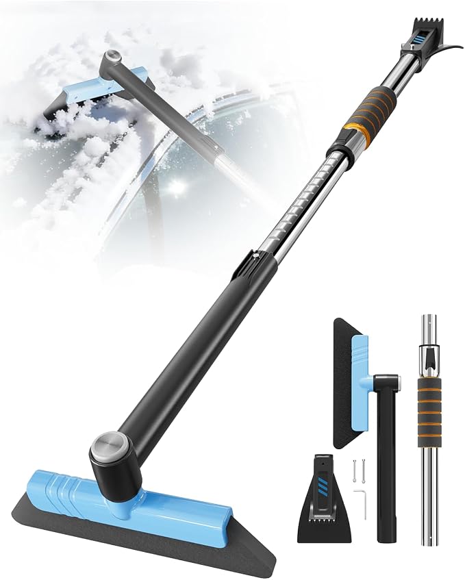 43.7" Extendable Ice Scrapers for Car Windshield for 12 Adjustable Length Settings with Foam Grip and 360° Pivoting Brush Head Detachable Snow Brush for Truck SUV(Blue)
