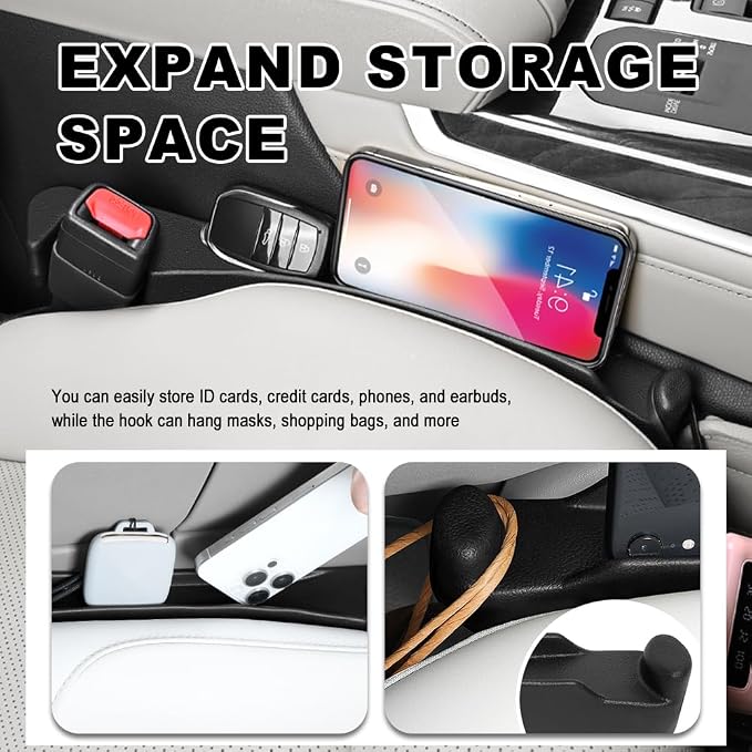 3 in 1 Car Seat Gap Filler 2 Pack,2026 Upgraded Car Side Seat Gap Filler with Organizer Slot & Hook,Universal in Between Cars Seats Catcher Cars Accessories to Avoid Item Drop