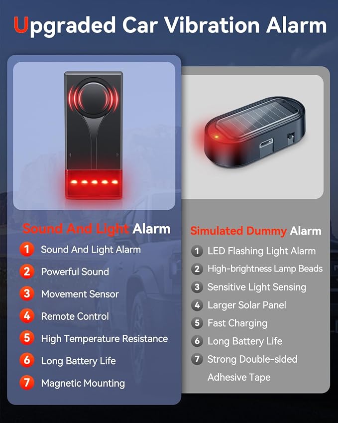 Car Anti-Theft Vibration Alarm, 108dB Automobile Vibration Sound & Light Alert, Wireless Remote Car Alert Automotive Warning Interior Safety Light