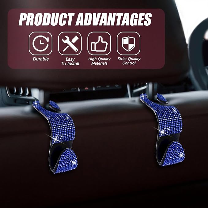 2 Pack Car Hooks, Bling Rhinestones Crystal Hooks, Auto Seat Back Organizers, Car Decorations Backseat Hanger, Car Seat Hooks Perfect for Holding Handbags, Clothes, Purses and Water Bottles