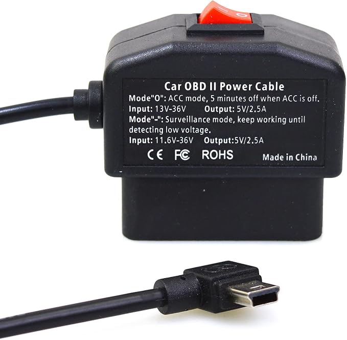 Universal OBD OBD2 Power Cable for Dash Camera 24 Hours Surveillance/Acc Mode with Switch Button, 3Pin OBDII Adapter Hardwire Charger Cable 12-26V to 5V 2.5A (Mini Curved Left Port) (2)