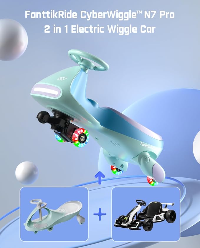 N7 Pro Electric Wiggle Car, Rechargeable Battery, CyberWiggle, 2 in 1 Swing Car, 2 Speeds Max 4 Mph, Anti-Rollover, Flashing Wheels, Bluetooth, Ages 3+, 150 Lbs, Glacier Blue