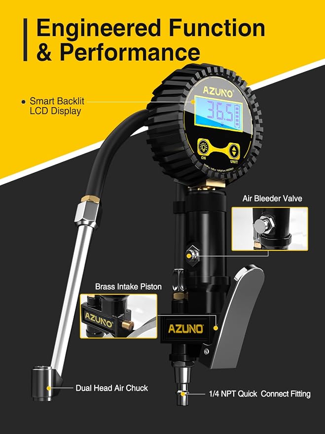 Digital Tire Inflator with Pressure Gauge, 200 PSI, Heavy Duty Air Compressor Accessories, with Rubber Hose Lock on Air Chuck and Quick Connect Coupler, Comes with a Portable Carrying Box