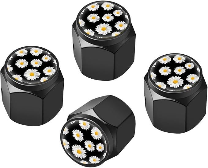Tire Valve Stem Caps Cover,4 Pcs Metal Black Air Valve Cap, Aluminum Car Wheel Stem Caps,Universal Stem Covers for Cars,Trucks,Bikes,Bicycles, Motorcycles,Corrosion Resistant (Daisy)