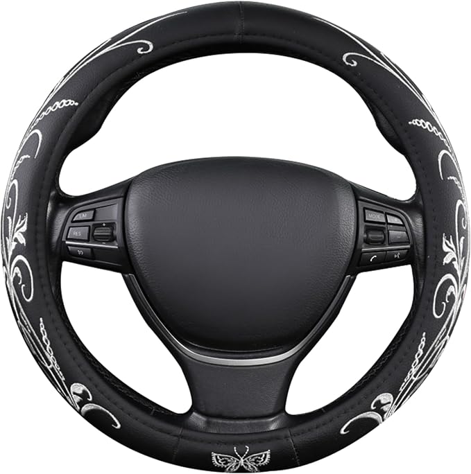 Car Leather Steering Wheel Cover - Panapi Material, Universal 14.5-15 Inch Leather Anti-Slip Breathable Auto Steering Wheel Covers for Men Women (Embroidery-White)