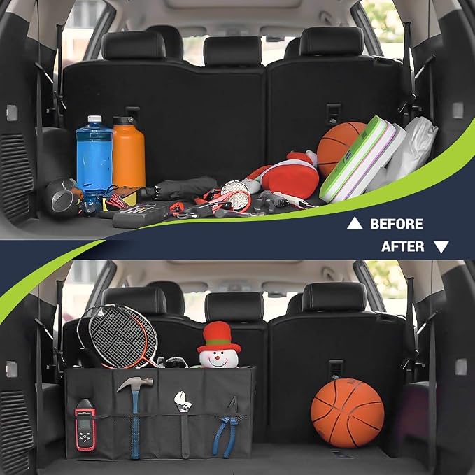 Trunk Organizer for Car, Car Organizer, 8 Mesh Pockets Trunk Organizer for SUV, Non-Slip Bottom, Storage Organizer for Sedans, Van, Jeep, Grocery, 2 Compartments, Black 22"x13"x11"