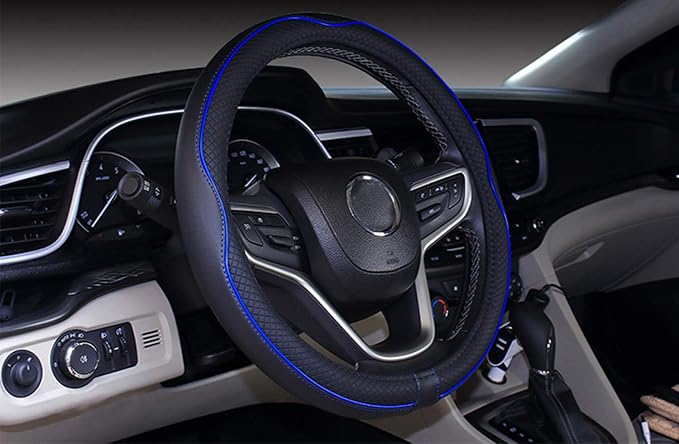 Universal Standard Size Steering Wheel Cover Anti-Slip,Safety,Soft,Breathable,Durable,Full Surround,Comfortable Grip Microfiber Leather (14.5-15 inch,Black Dark Blue)