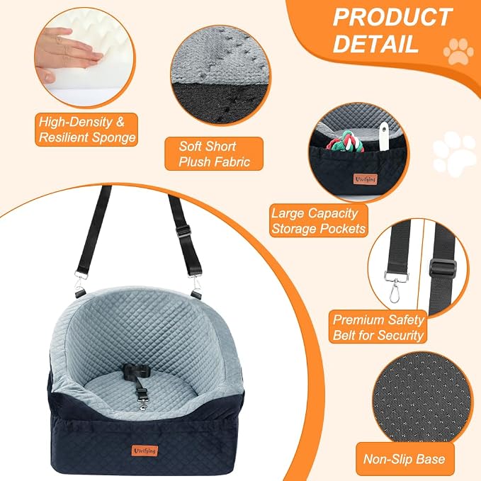 Dog Car Seat for Small & Medium Dogs, Detachable & Washable Booster Seat for Pets Up to 30lbs, Travel Bed with Storage Pockets and Safety Belt – Gray&Black