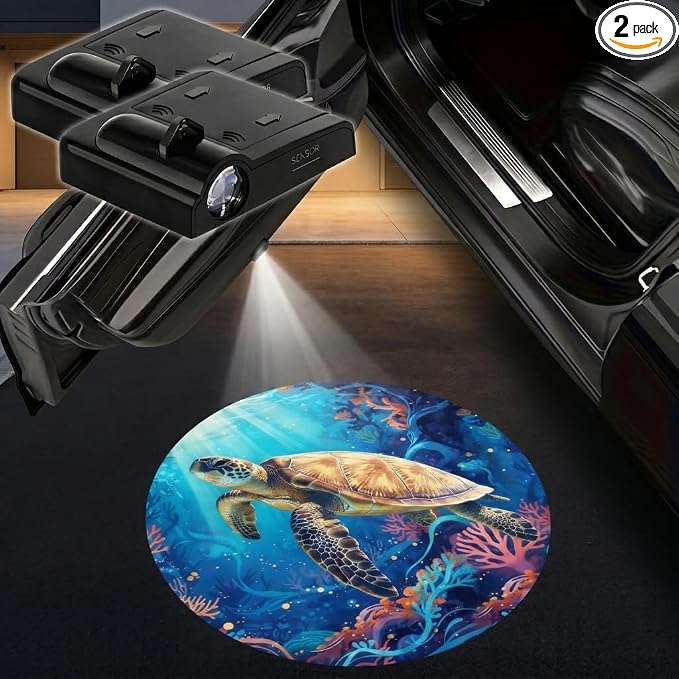 2PCS Sea Turtle Car Door Lights Projector, Magnetic Logo Projector Door Lights, Wireless LED Welcome Puddle Light, Turtle Car Accessories Decor, Turtles Gifts for Women Men, Fit All Vehicles