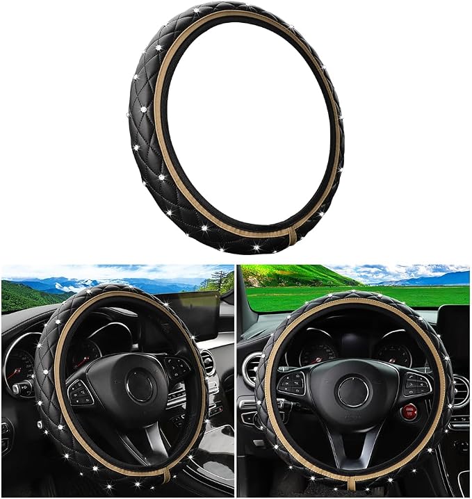 Bling Car Steering Wheel Cover, Non-Slip Elastic Stretch Leather Auto Steering Wheel Protector, Sparkling Diamond Vehicle Decor Accessories for Women Girls, Universal for Vehicles (Beige)