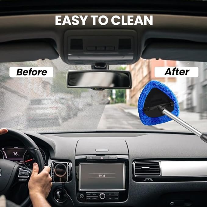 Car Windshield Cleaning Tool Set, Interior Exterior Auto Glass Cleaner Kit with Detachable Handle, 4 Reusable Microfiber Pads, Extendable Wiper Brush for Cars Trucks Home (Grey)