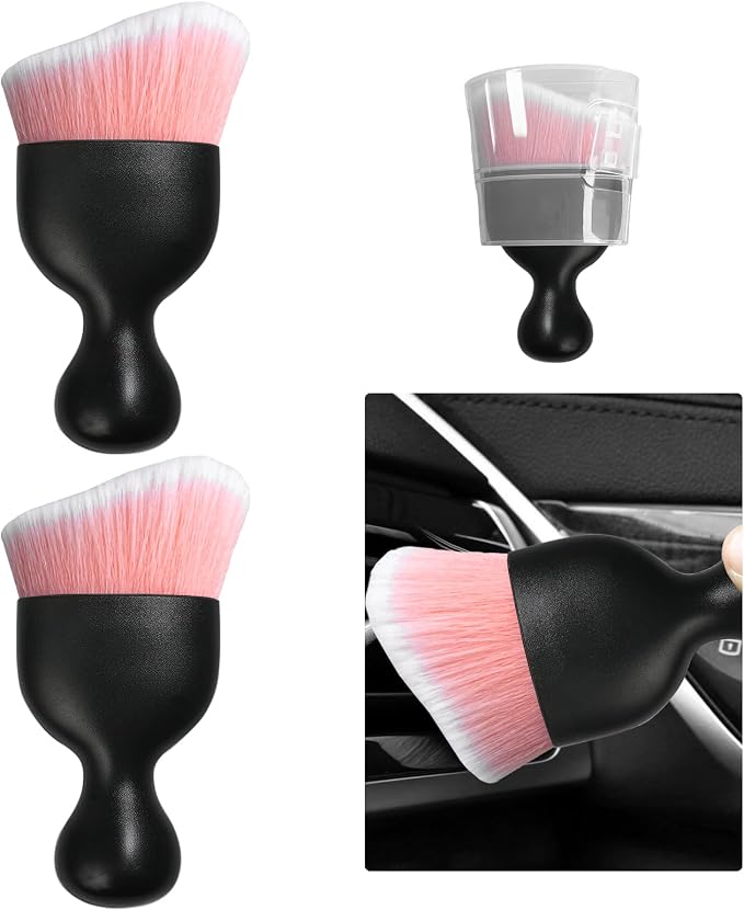 2 PCS Car Detailing Brush, Curved Soft Bristles Auto Removal Dust Collectors, Universal Vehicle Dashboard, Air Conditioner Vents etc Interior Cleaning Tool Accessory (Pink/White)
