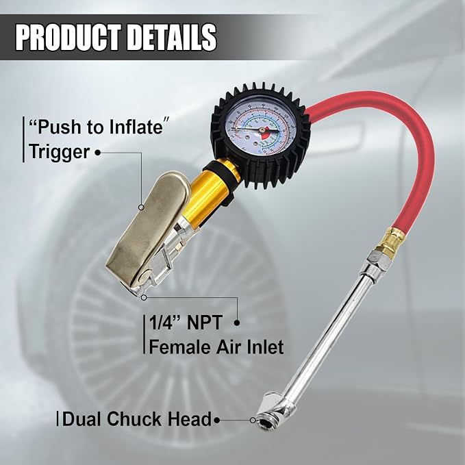 Digital Tire Pressure Gauge with Inflator, 0-220 PSI, Accuracy, Universal Fit Cars and Trucks (Red)