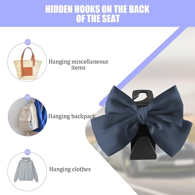 2PCS Car Seat Headrest Hook, Cute Bow Stylish Seat Back Purse Handbag Hanger Organizer, Multi-Purpose Auto Backseat Storage Hook Holder for Umbrella Coat Bag, Universal Fit (Dark Blue)
