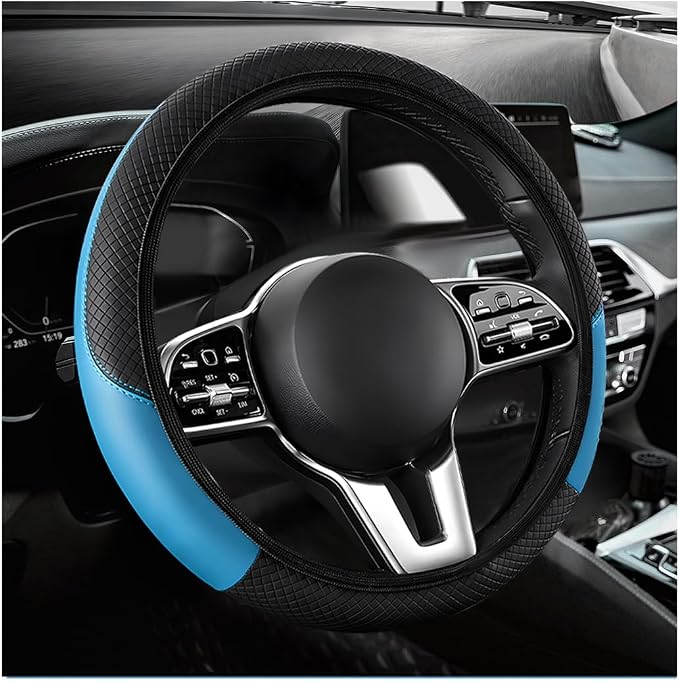 Car Steering Wheel Cover, 15 Inch Anti-Slip Stretch Leather Steering Wheel Protector, Comfortable Breathable Sporty Steering Wheel Cover for Women Men, Car Accessories (Black & Blue, AD)