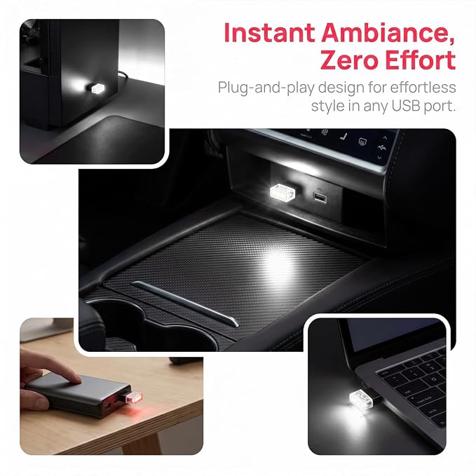 4PCS USB LED Car Interior Atmosphere Lamp, Portable Mini, White | 5V USB-A plug-in, soft accent glow, no wiring, decor night light, car accessories for cars, SUVs, trucks