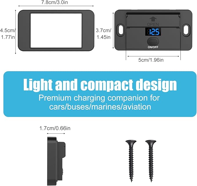 84W 4 Port 12V USB Outlet Surface Mount with Voltmeter, 36W PD and Dual 18W QC3.0 Car USB Port Lightweight Charger Socket Replacement Panel with Button Switch for Bus RV Truck Marine Golf Cart