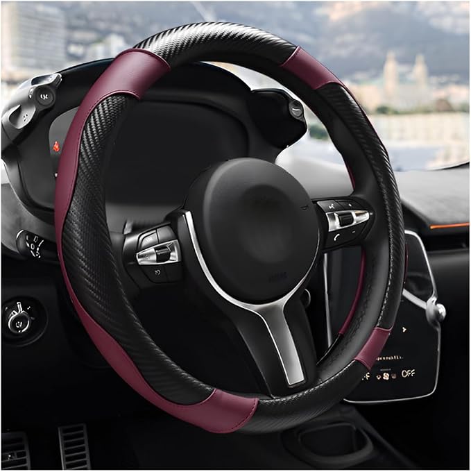 Car Steering Wheel Cover, 15 Inch Anti-Slip Stretch Leather Steering Wheel Protector, Comfortable Breathable Sporty Steering Wheel Cover for Women Men, Car Accessories (Wine Red)