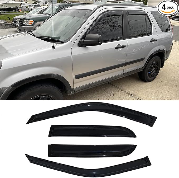 94459 Original Side Window Visor Wind Vent Deflector,4pcs Outside Mount Tape-on Shatterproof Dark Smoke Rain Guard,Nice Window Shades fit for 2002-2006 Honda CR-V