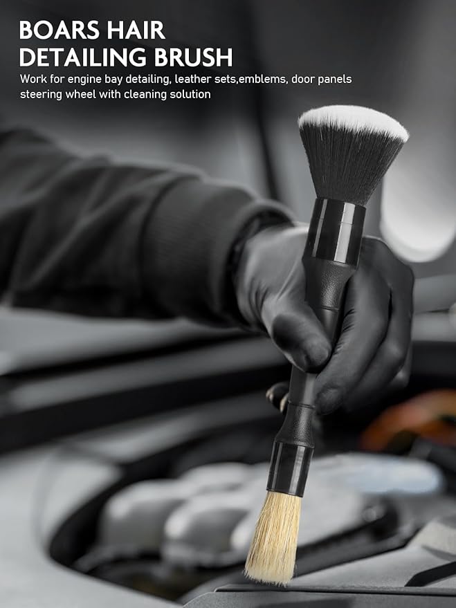 9PCS Car Interior Detailing Set, Microfiber Cloth & Applicator, Double-Head Detailing Brushes, Natural Bristles, Scratch-Free, Ultra-Soft for Seats Leather Care or Cleaning